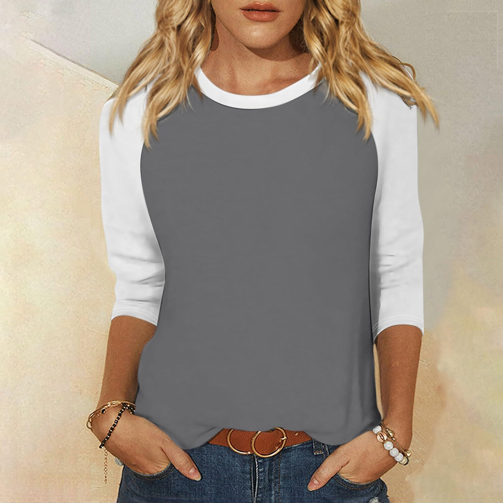 thumbnail image 2 of Camiseta raglán de manga 3/4 para mujer: cuello redondo, estampado informal, versátil para todas las estaciones (S-XXL), 2 of 5